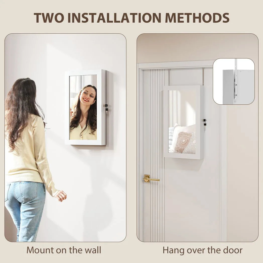 HOMCOM Wall-Mounted Jewellery Cabinet with Mirror, Lockable Storage with 80 Earring Slots and Hooks, White