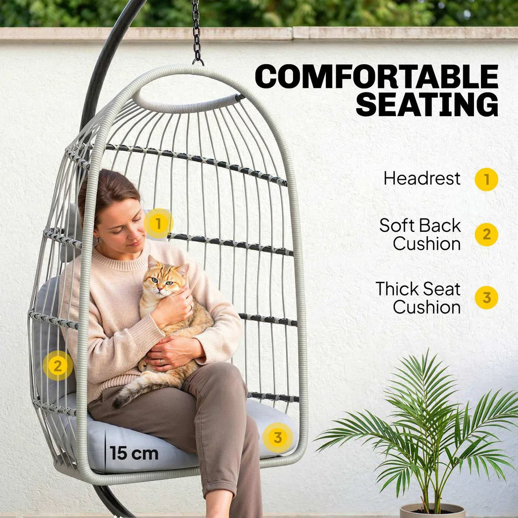 Outsunny Hanging Egg Chair with Stand – Indoor Outdoor Swing Chair with Foldable Basket, Cushions & Safety Strap, Light Grey