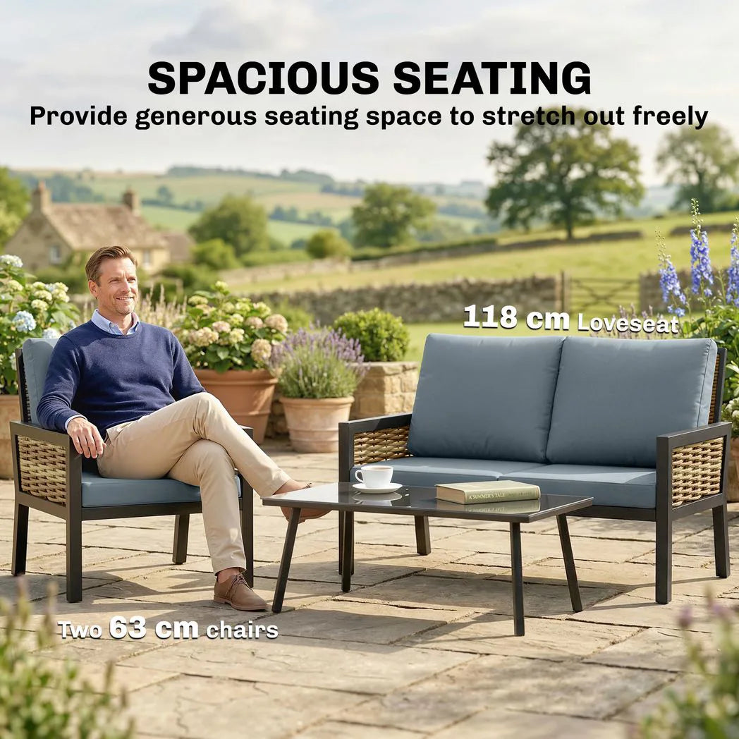 Outsunny 4-Seater Rattan Garden Furniture Set with 2 Armchairs, Loveseat & Coffee Table – Cushioned, Grey