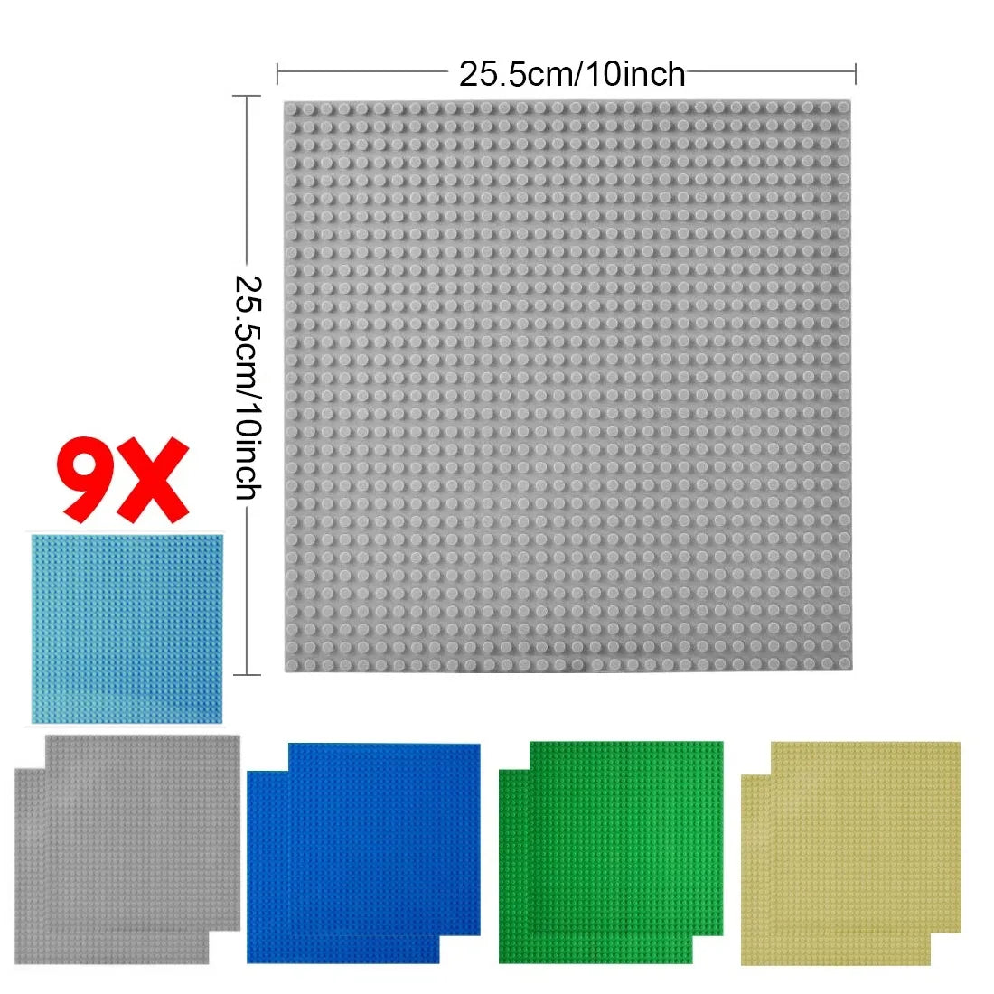 9 Piece Building Brick Baseplate Set, 25.5 x 25.5cm – Compatible Toy Base Boards, Multicolour