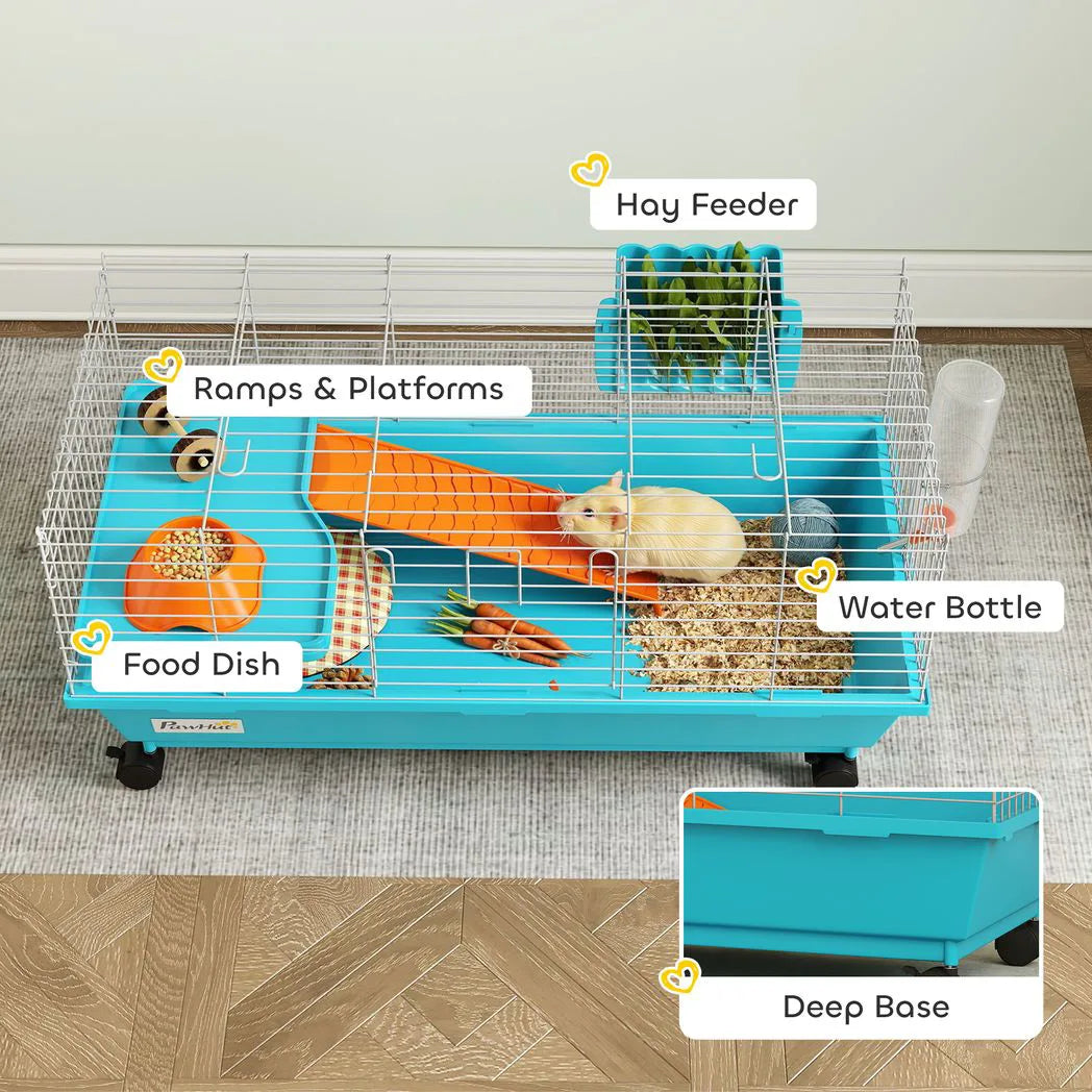 PawHut Small Animal Cage on Wheels with Water Bottle and Ramp – Rabbit and Guinea Pig Hutch, 89cm