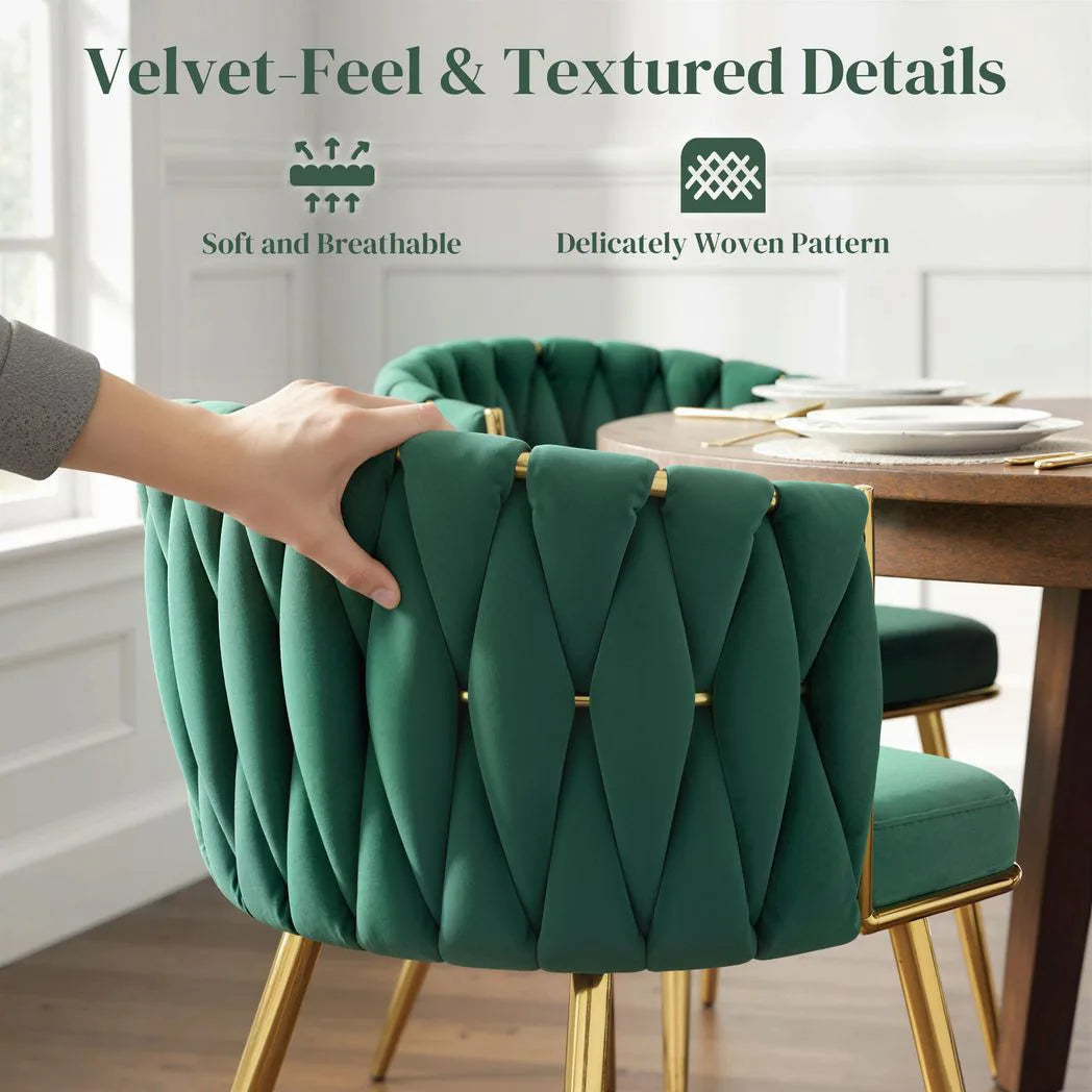 HOMCOM Set of 2 Velvet-Feel Dining Chairs with Knot Backrest and Golden Metal Legs, Dark Green