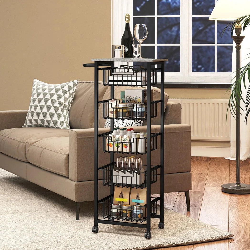 HOMCOM Five Basket Mobile Kitchen Island with Brakes – Storage Trolley, Marble-Effect Top, Grey and Black