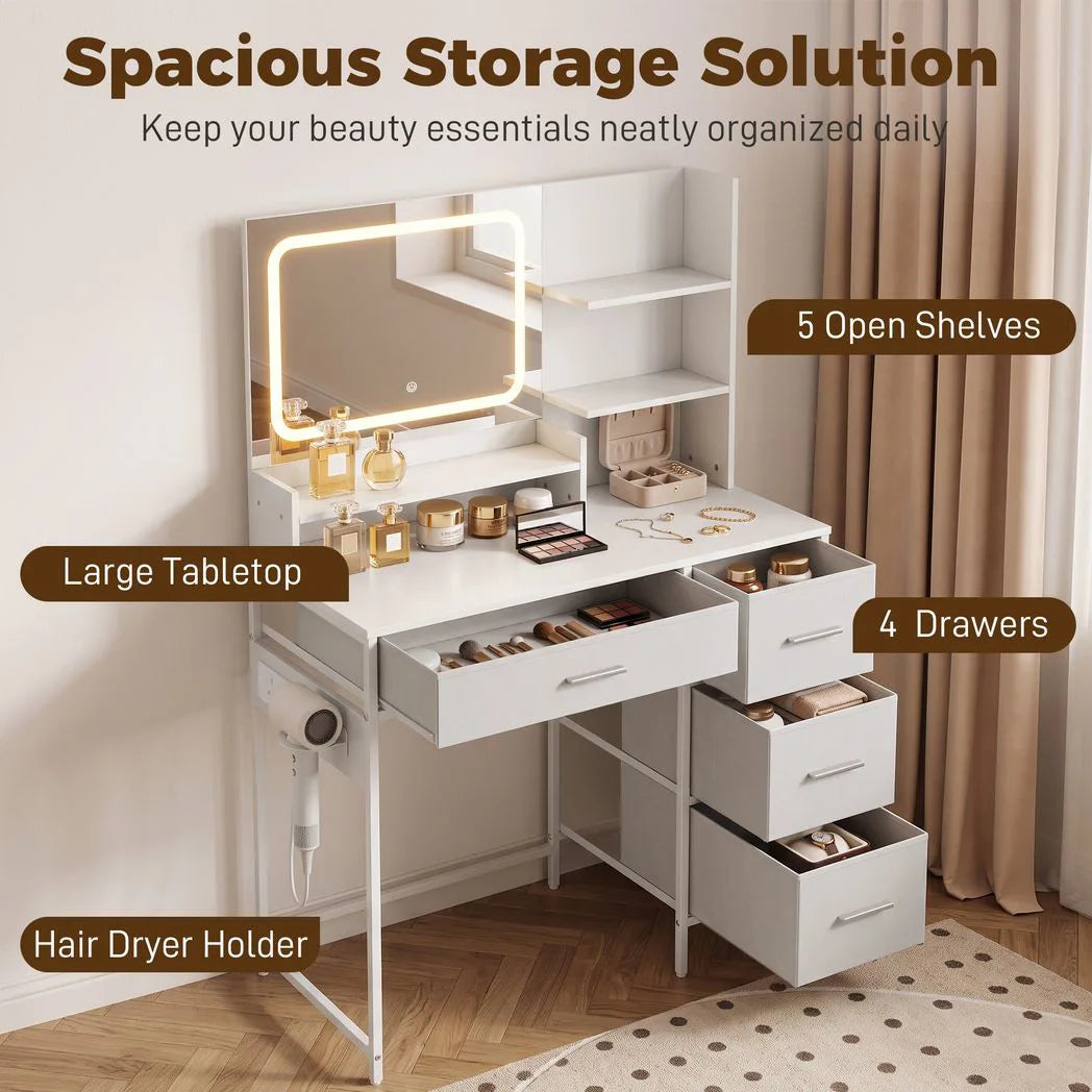 HOMCOM Dressing Table with 3-Colour LED Mirror, Power Outlets, 4 Drawers, 5 Shelves and Hair Dryer Holder