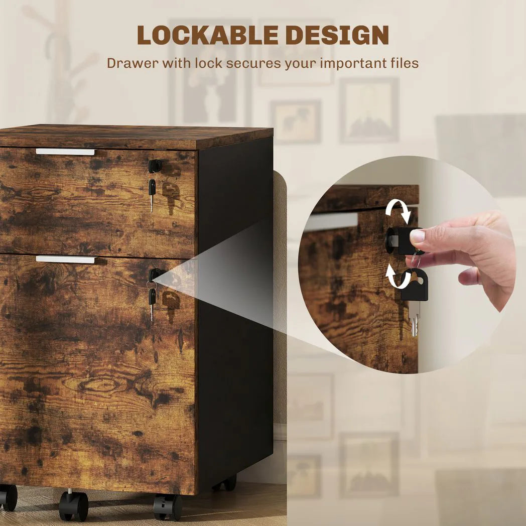 HOMCOM Two-Drawer Lockable Filing Cabinet on Wheels – Under Desk Office Storage, Black and Brown
