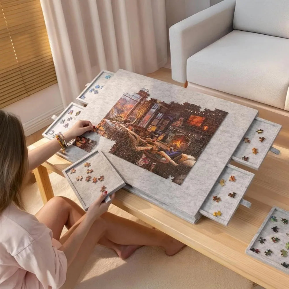 Felt Jigsaw Puzzle Board with 6 Drawers and Cover – Portable Storage Table for 1000 Pieces, Grey