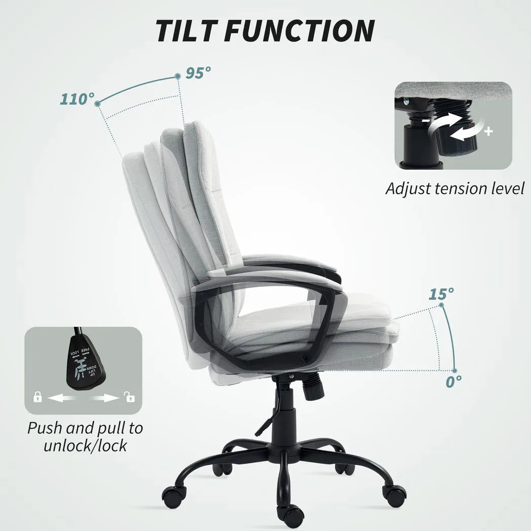 HOMCOM Linen-Look Double-Padded Office Chair with Adjustable Height and Tilt – Five Quiet Wheels, Grey
