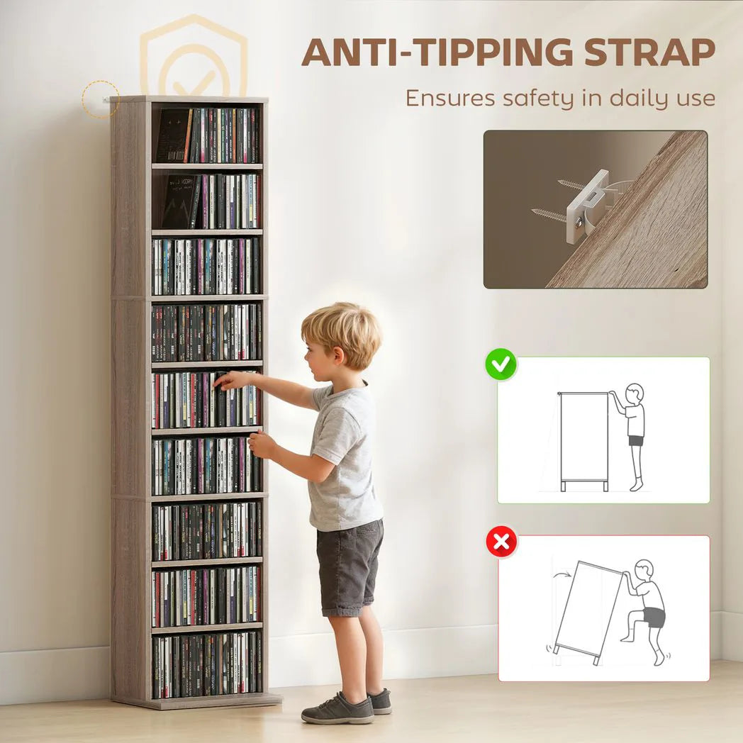 HOMCOM Narrow CD Storage Unit for 260 CDs or 120 DVDs – Tall Media Tower with Anti-Tip Straps, Natural Wood