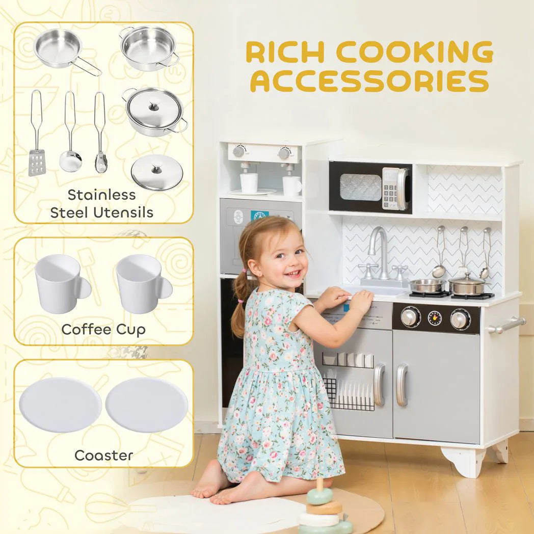 AIYAPLAY Kids Play Kitchen with Sounds, Ice and Coffee Maker, Microwave and Utensils – Role Play, Ages 3-6