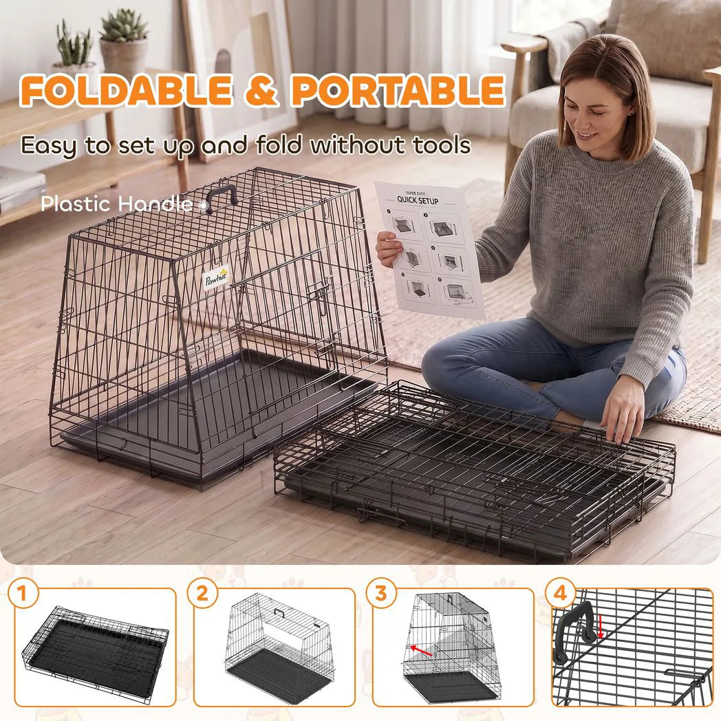 PawHut 90 cm Collapsible Slanted Car Dog Crate with Tray – Foldable Travel Cage for Medium to Large Dogs