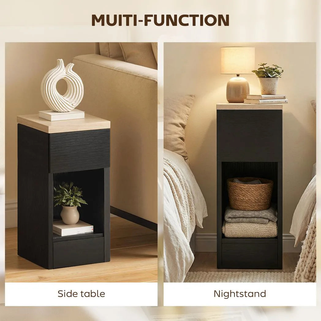 HOMCOM Set of 2 Modern Bedside Tables with Shelf & Drawer – Slim Storage Side Tables, Black