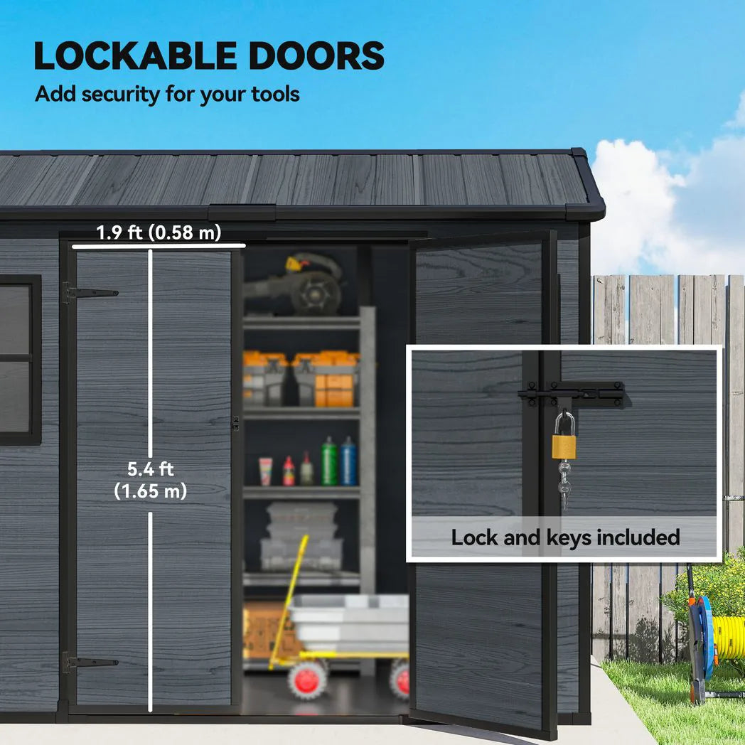 Outsunny 8 x 4ft Wood-Effect Resin Garden Shed with Floor, Windows & Lockable Doors – Outdoor Storage, Dark Grey