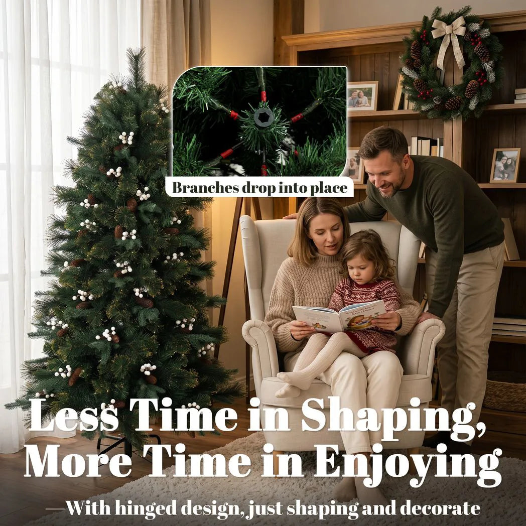 HOMCOM 5ft Pre-Decorated Artificial Christmas Tree – Hinged Fir with 490 Branch Tips, Berries and Foldable Metal Stand, Green