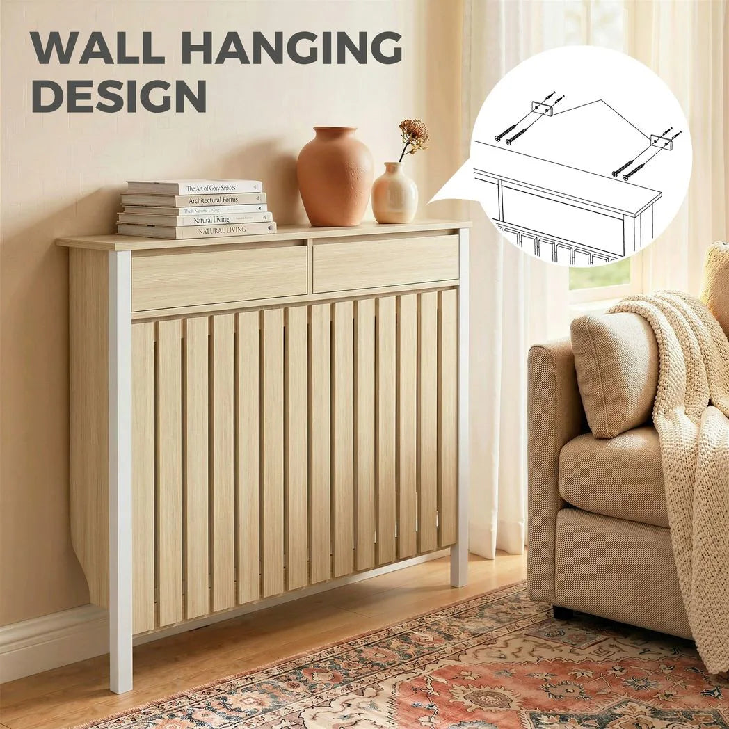 HOMCOM Rustic-Look Radiator Cover with Top Drawers, 93 x 119cm – Slimline Heater Guard, Oak