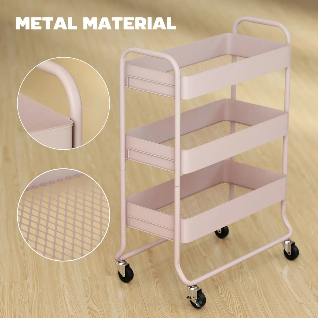 HOMCOM 3-Tier Storage Trolley on Wheels with Mesh Baskets – Rolling Utility Cart for Home, Light Pink