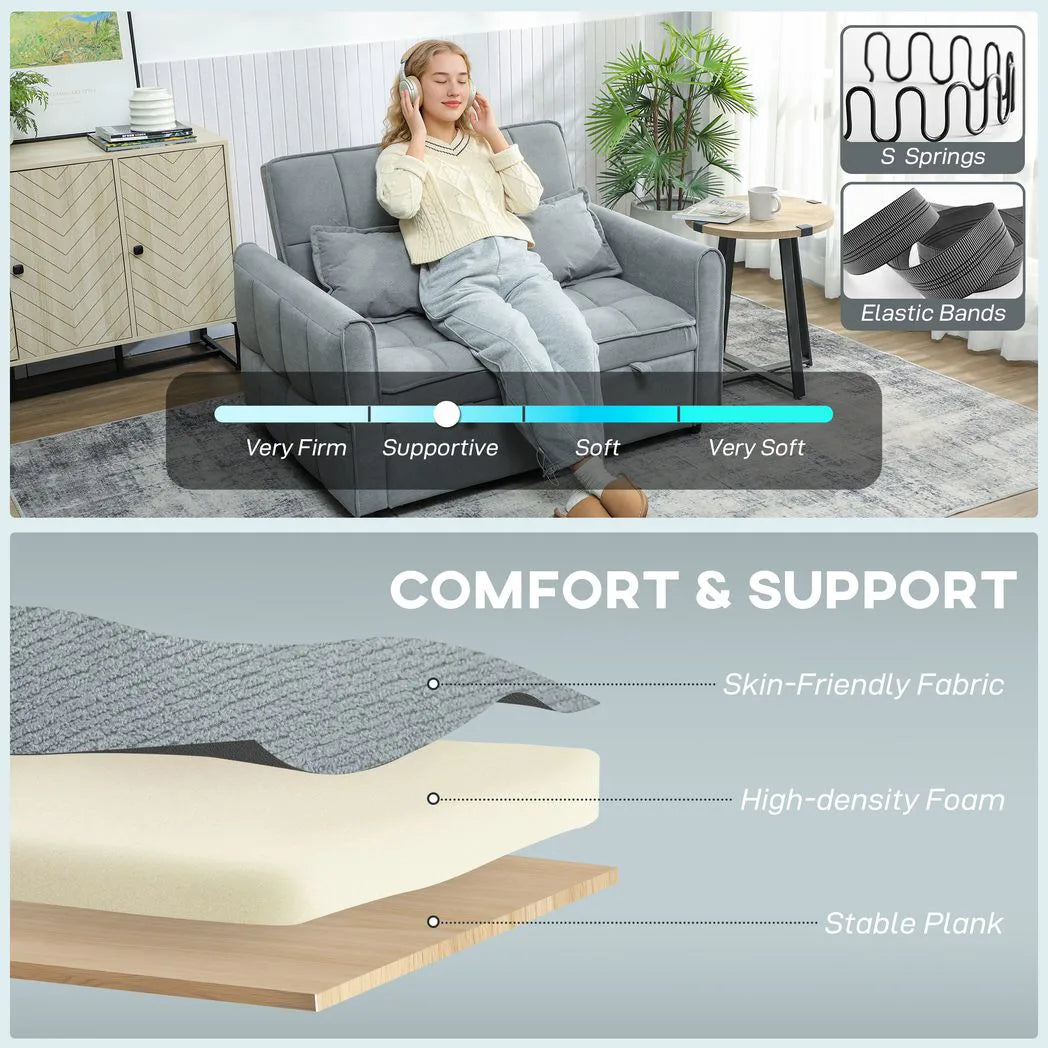 HOMCOM 2 Seater 3-in-1 Sofa Bed with Click-Clack Backrest and 2 Pillows – Convertible Sleeper Sofa, Grey