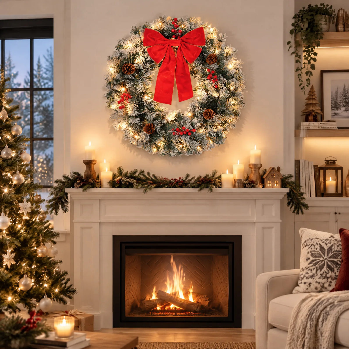 36in Pre-Lit Snow Flocked Christmas Wreath with 100 LED Lights – Lighted Artificial Door Decoration