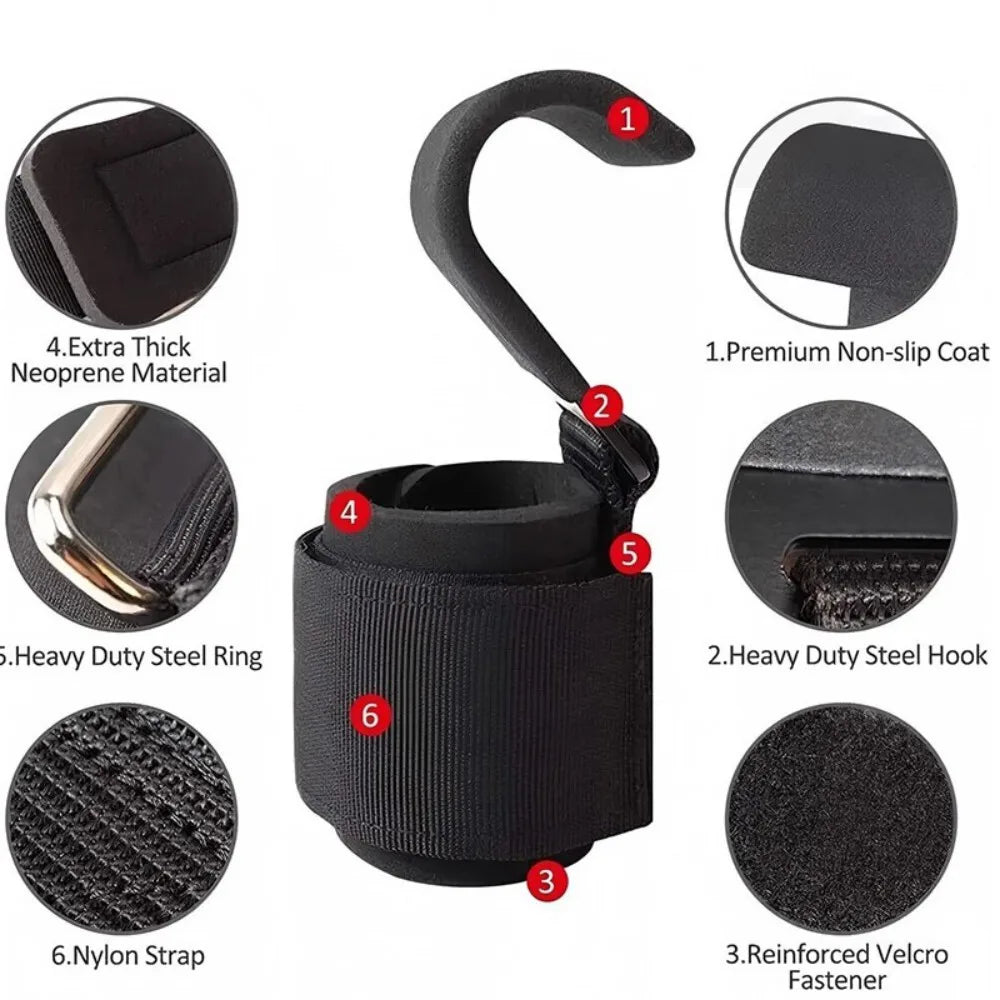 Weight Lifting Hooks with Padded Wrist Support Straps, 2 Pack – Coated Steel Deadlift Grips for Gym, Black