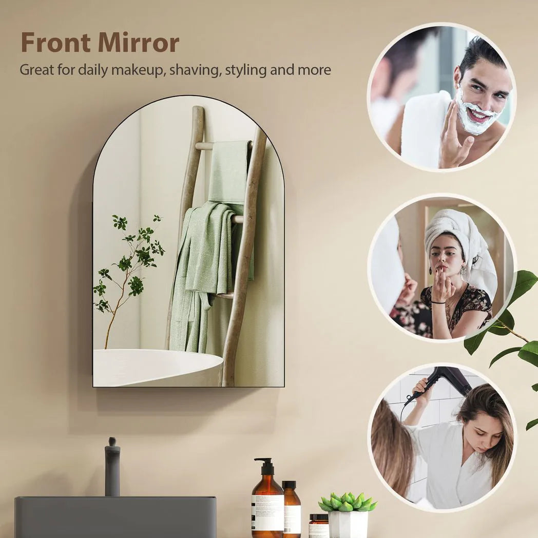 HOMCOM Arched Bathroom Mirror Cabinet with Storage Shelves – Wall Mounted, 180° Door, Black
