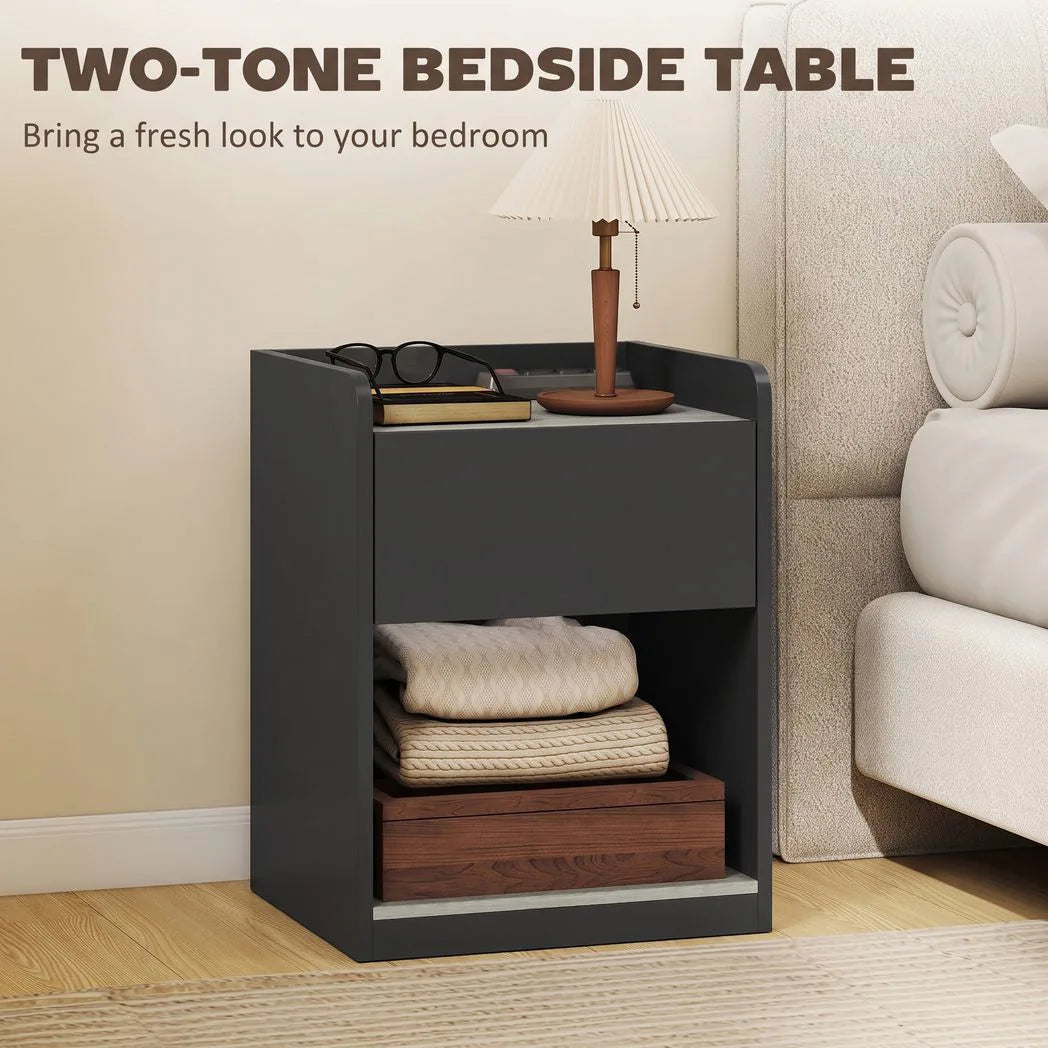 HOMCOM Modern Slim Bedside Table with Drawer, Shelf & Cable Holes – Nightstand, Black and Grey Wood Effect