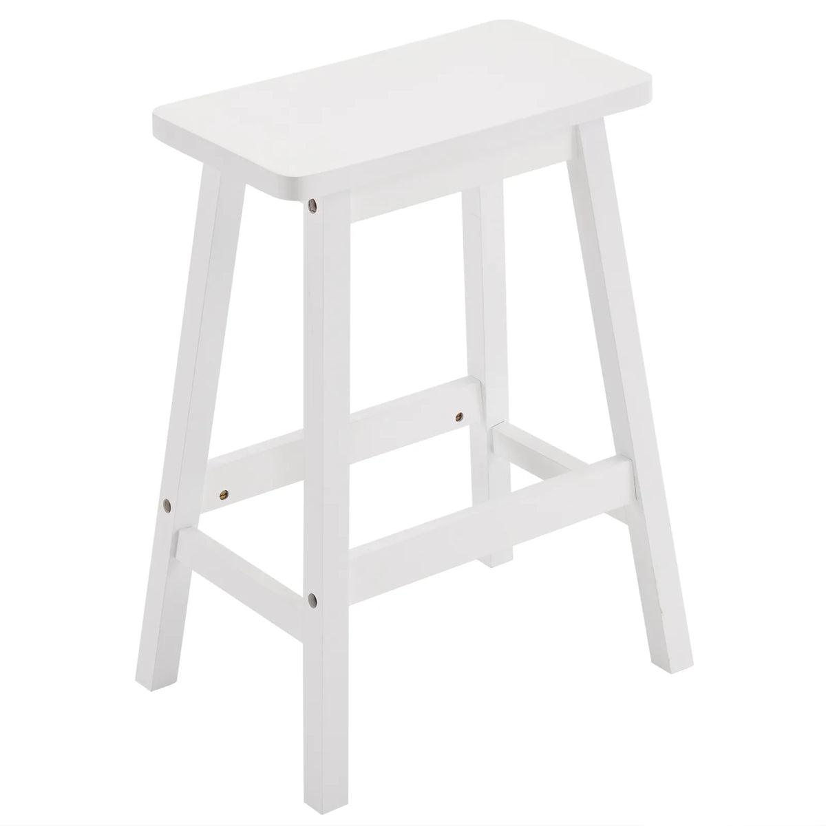 Set of 2 Pine Wood Saddle Seat Bar Stools with Footrests – Counter Height Kitchen and Home Bar Seating, White