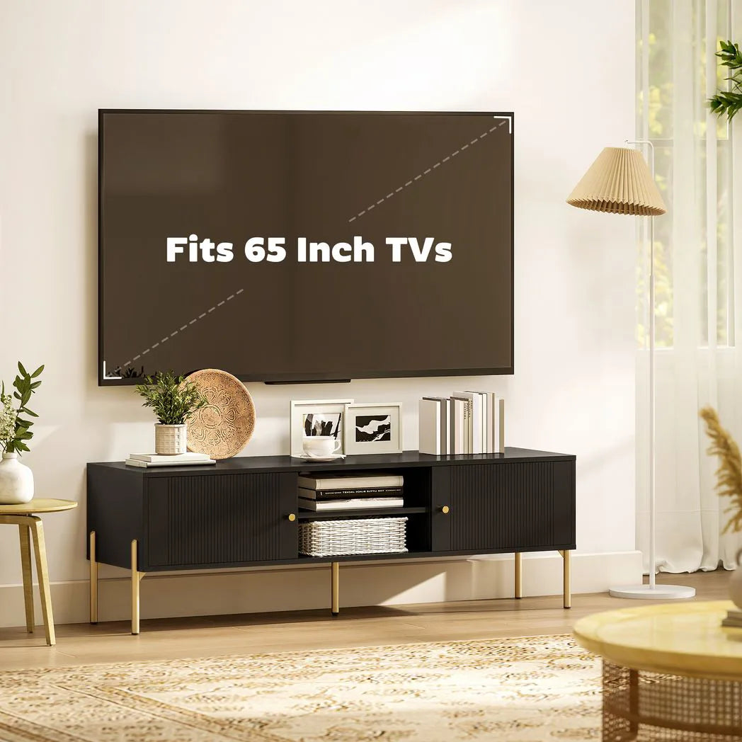 HOMCOM TV Stand for TVs up to 65" with 2 Open Shelves, 2 Cabinets and Gold Steel Legs – Black