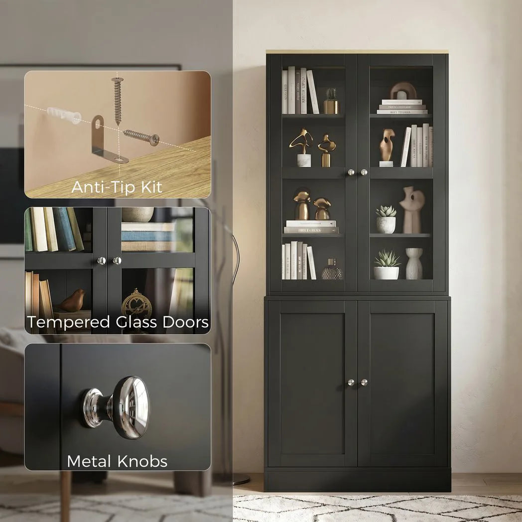 HOMCOM Modern Bookcase Display Cabinet with Glass Doors & Adjustable Shelves – Storage Unit, Black