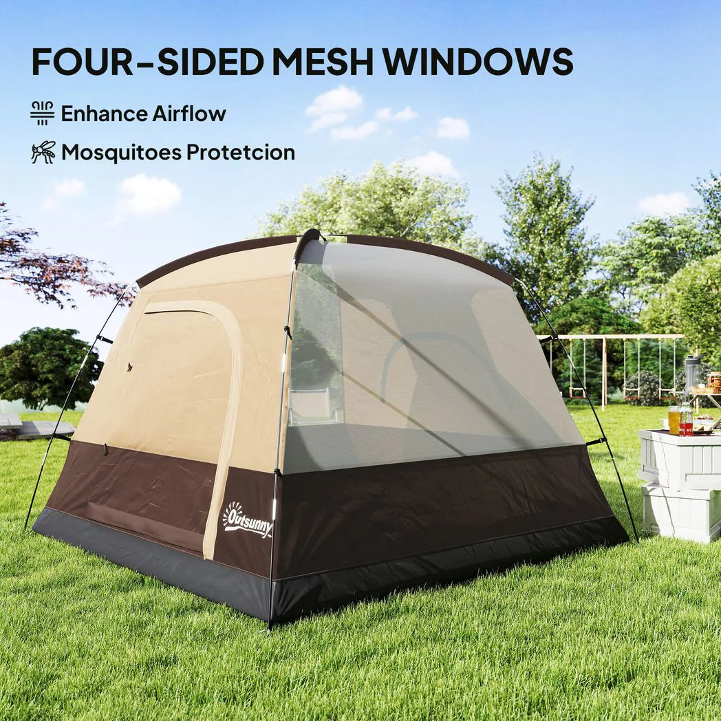 Outsunny 2-3 Man Dome Camping Tent with Sewn-in Groundsheet & Mesh Windows – Easy Set Up, 3000mm, Brown
