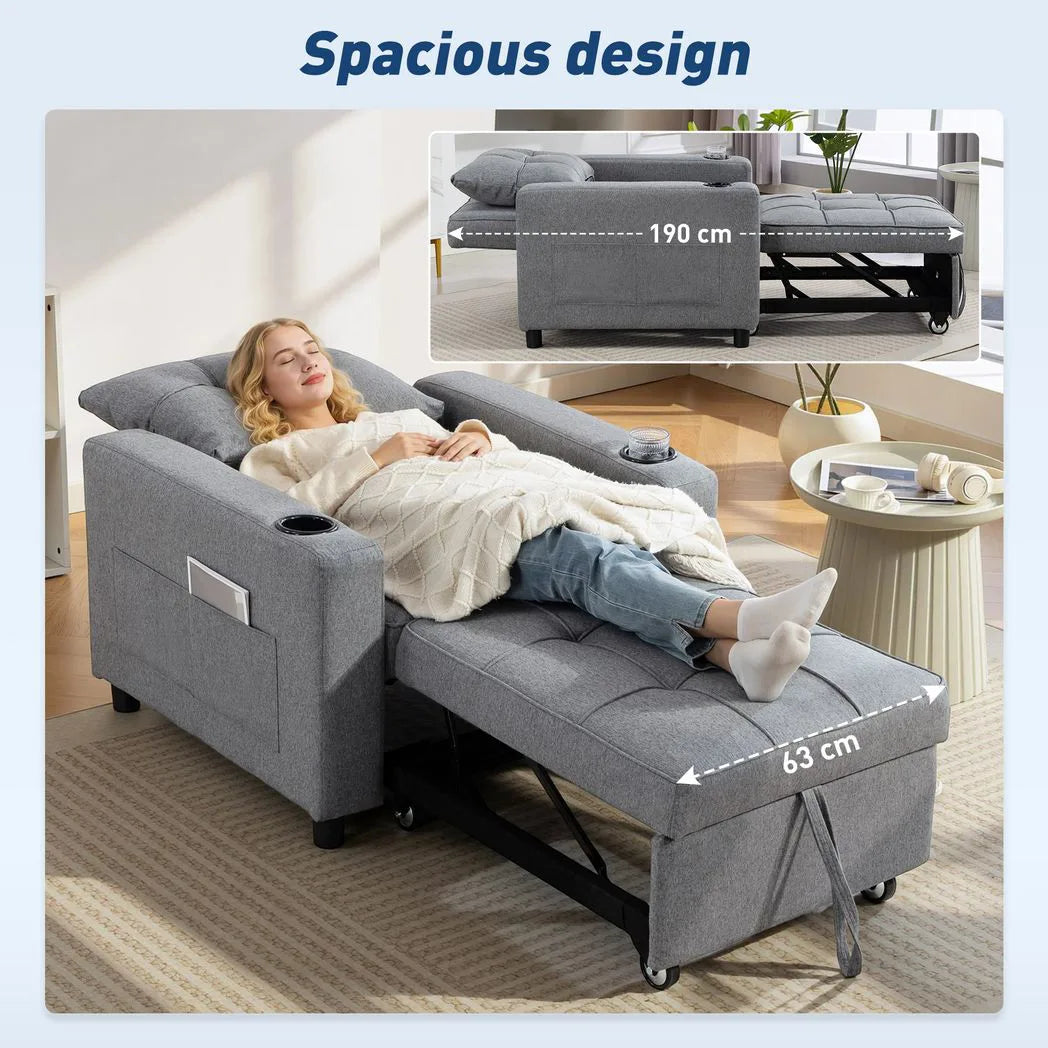 HOMCOM 3-in-1 Single Sofa Bed with Three-Level Back, Cup Holders and Pillow – Convertible Sleeper Chair Bed, Dark Grey