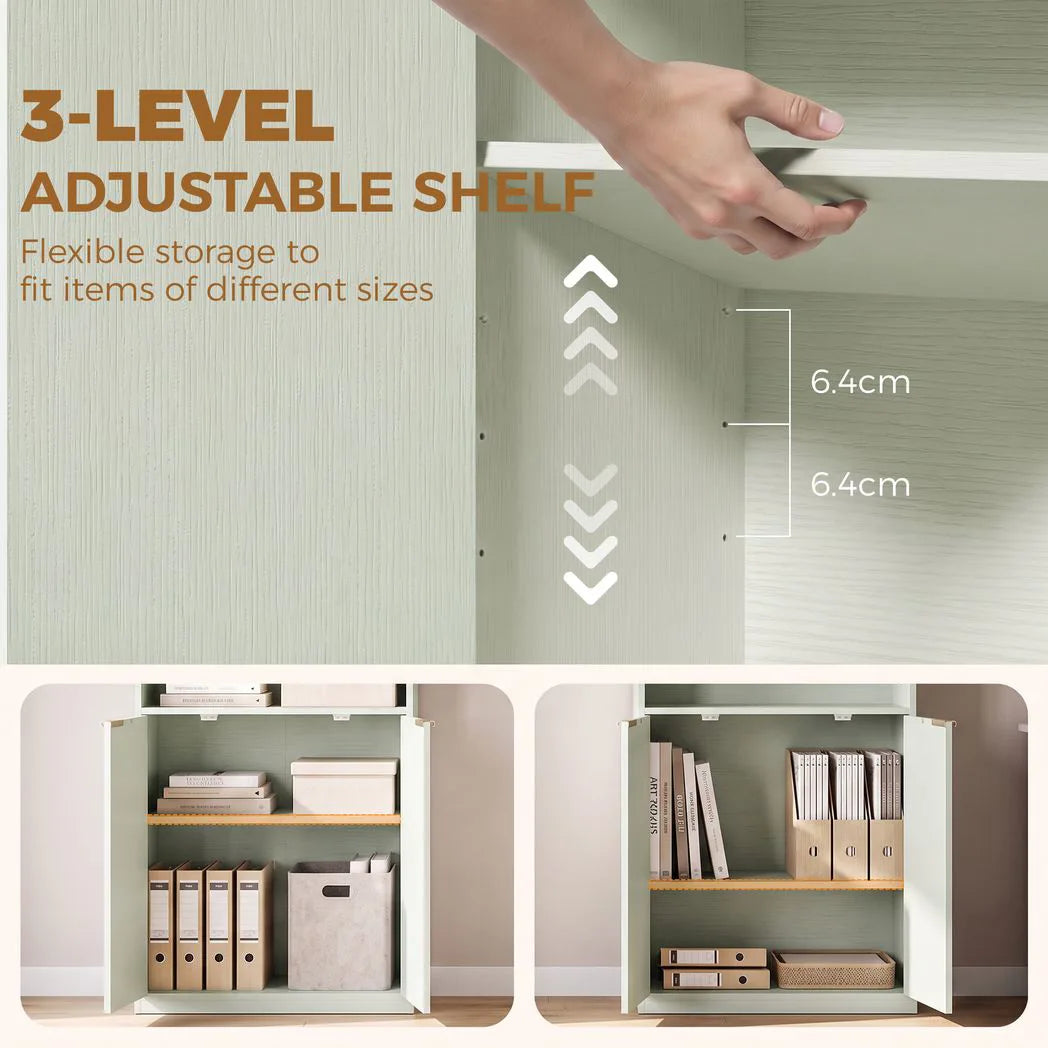 HOMCOM Slim 6-Tier Bookcase with Double-Door Cabinet and Anti-Tip Hardware – Adjustable Shelf, Light Green