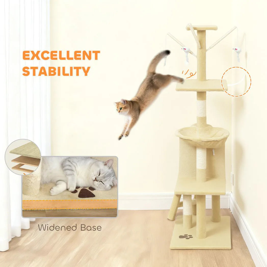 PawHut 134cm Multi-Level Cat Tower with Condo and Sisal Scratching Posts – Indoor Cat Tree, Beige