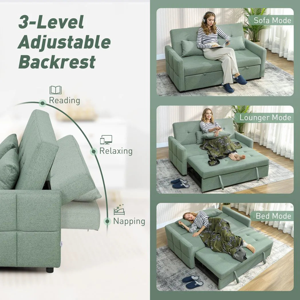HOMCOM 2 Seater Sofa Bed with Three-Position Back & 2 Pillows – Pull-Out Guest Bed, Green Linen-Look