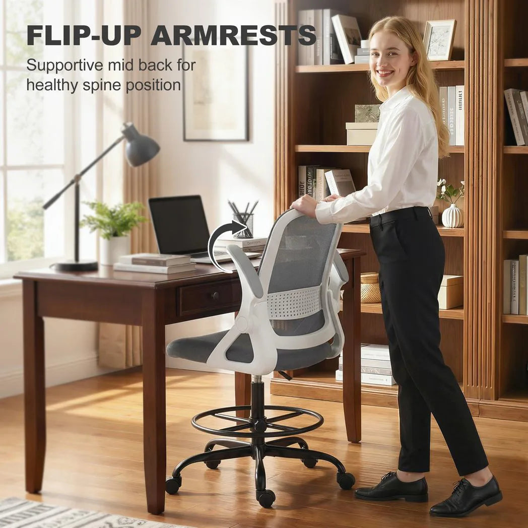 HOMCOM Painting Chair with Mesh Back, Adjustable Footrest & Flip-up Armrests – Sit-Stand Desk Chair, Grey