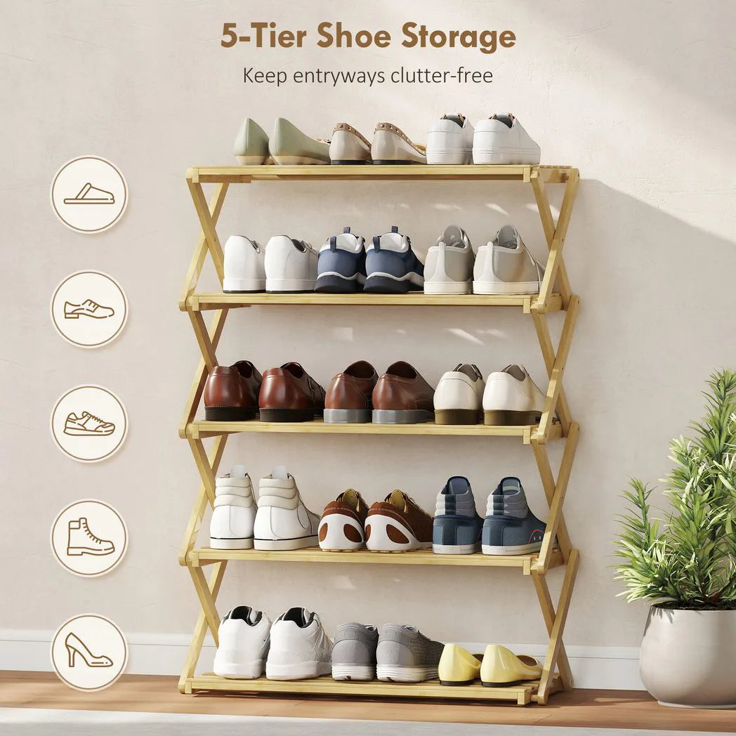 HOMCOM 5-Tier Folding Bamboo Shoe Rack – Holds 15 Pairs, No Assembly, Natural