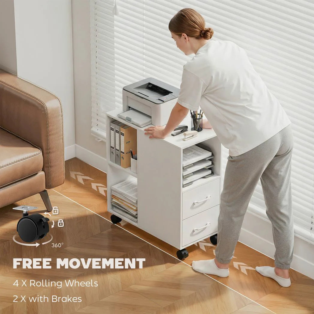 HOMCOM Narrow Mobile Printer Table with Wheels and Drawers, 30 x 60 x 65 cm – Home Office Stand, White