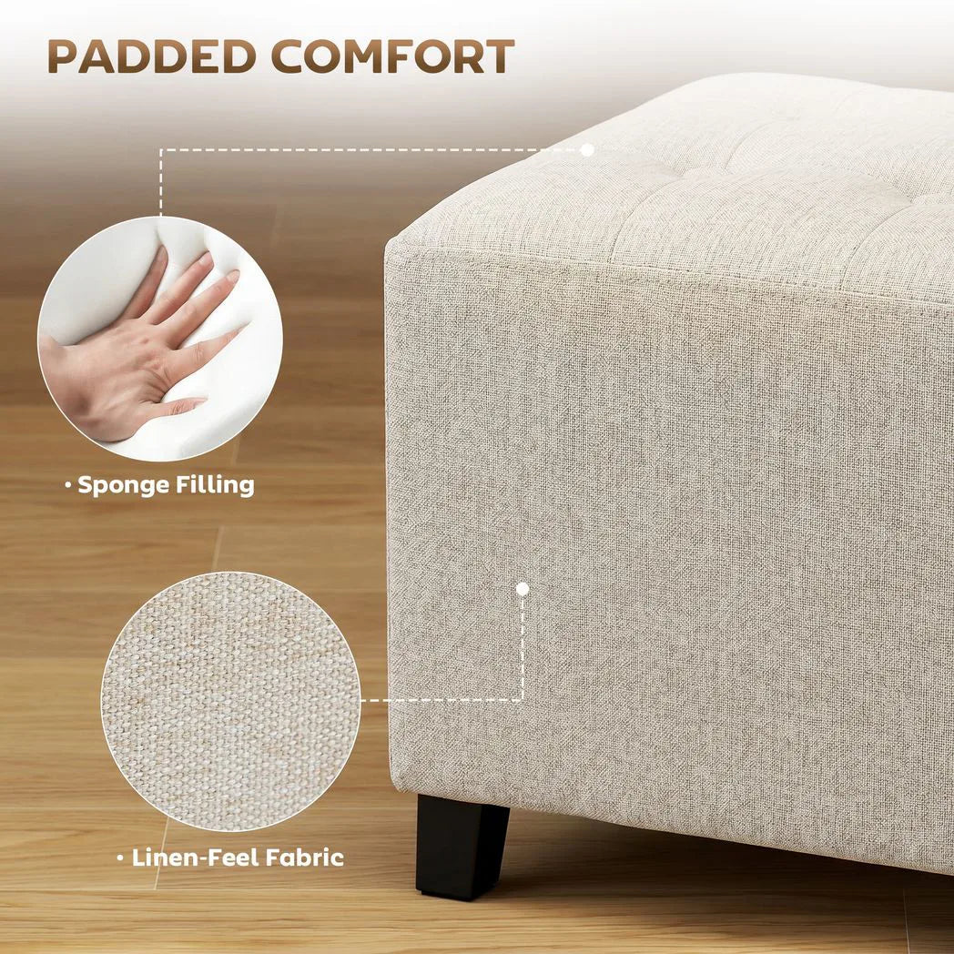 HOMCOM Small Ottoman Footstool with Side Pocket, Padded Seat and Rubber Wood Legs – Living Room, Beige