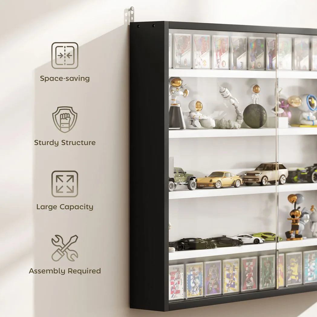 HOMCOM 5-Tier Wall-Mounted Display Cabinet with 4 Adjustable Shelves & Glass Doors, 60 x 80cm – Black and White