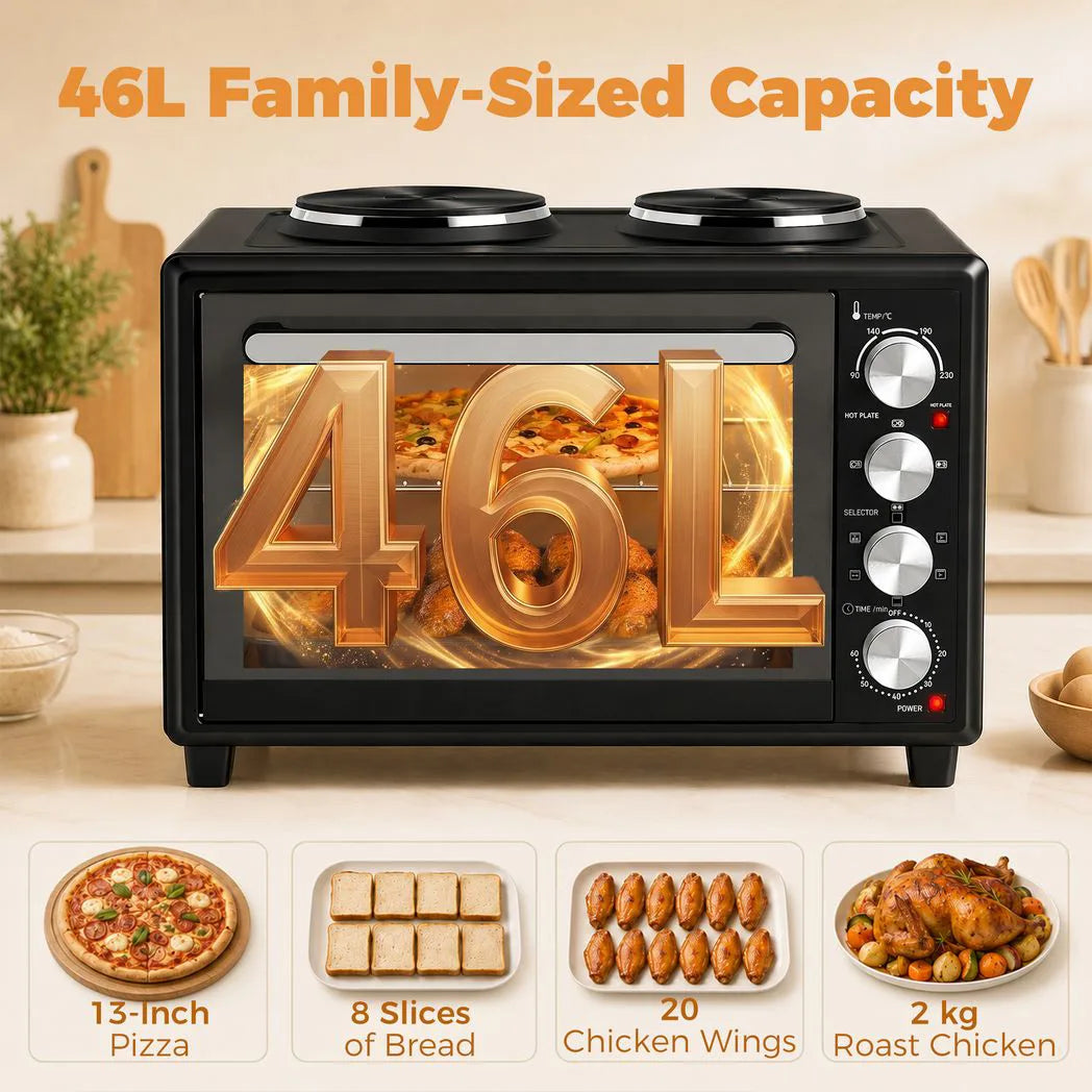 HOMCOM 46L Mini Oven with Dual Hot Plates and Convection – Electric Countertop Cooker with Rotisserie, 90–230°C