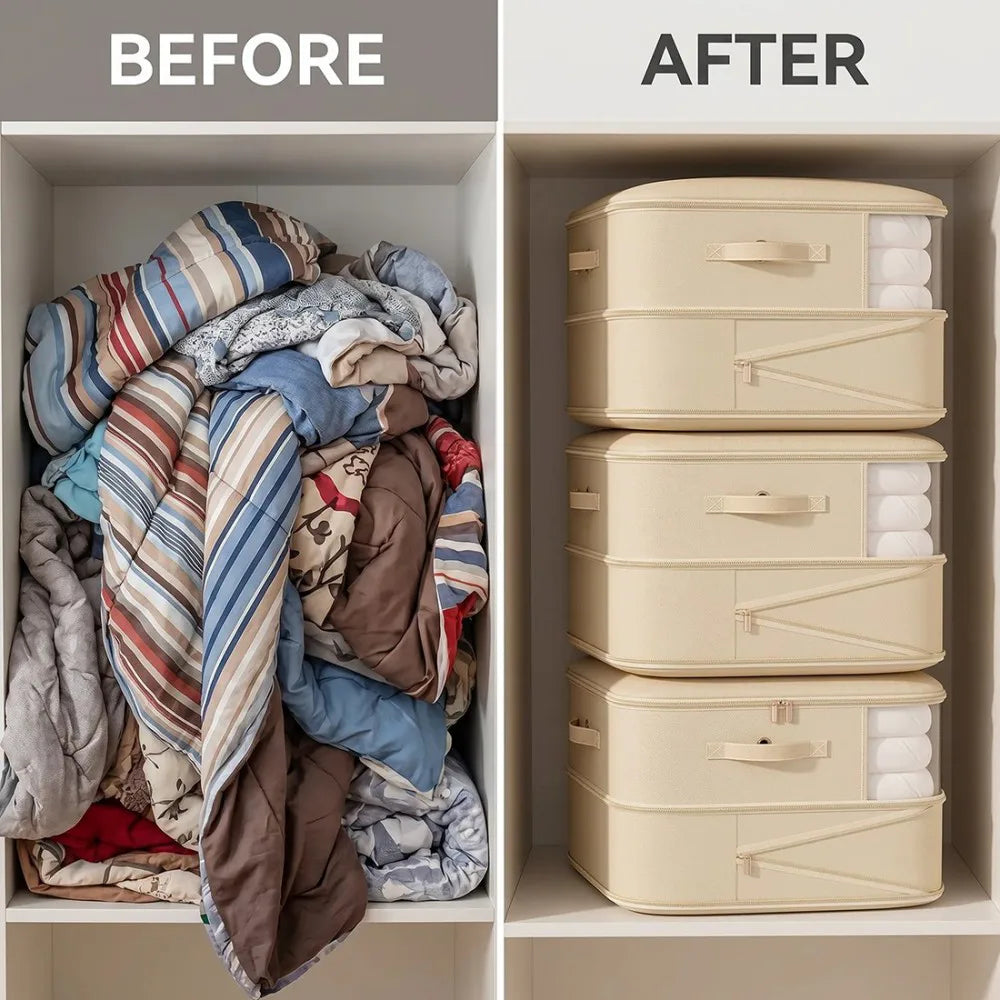 4 Zippered Foldable Clothes Storage Bags with Clear Window & Reinforced Handles – Large Bedding Storage, Beige
