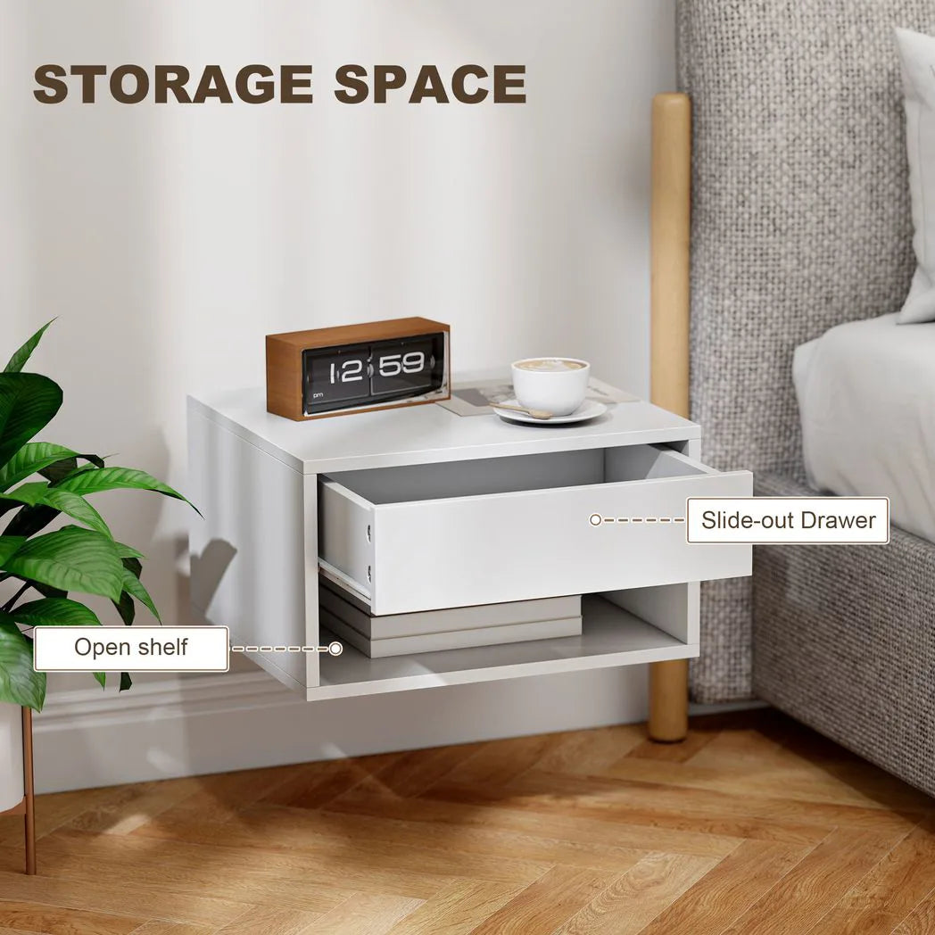 HOMCOM Set of 2 Floating Bedside Tables with Drawer and Shelf – Wall-Mounted Bedroom Storage, White