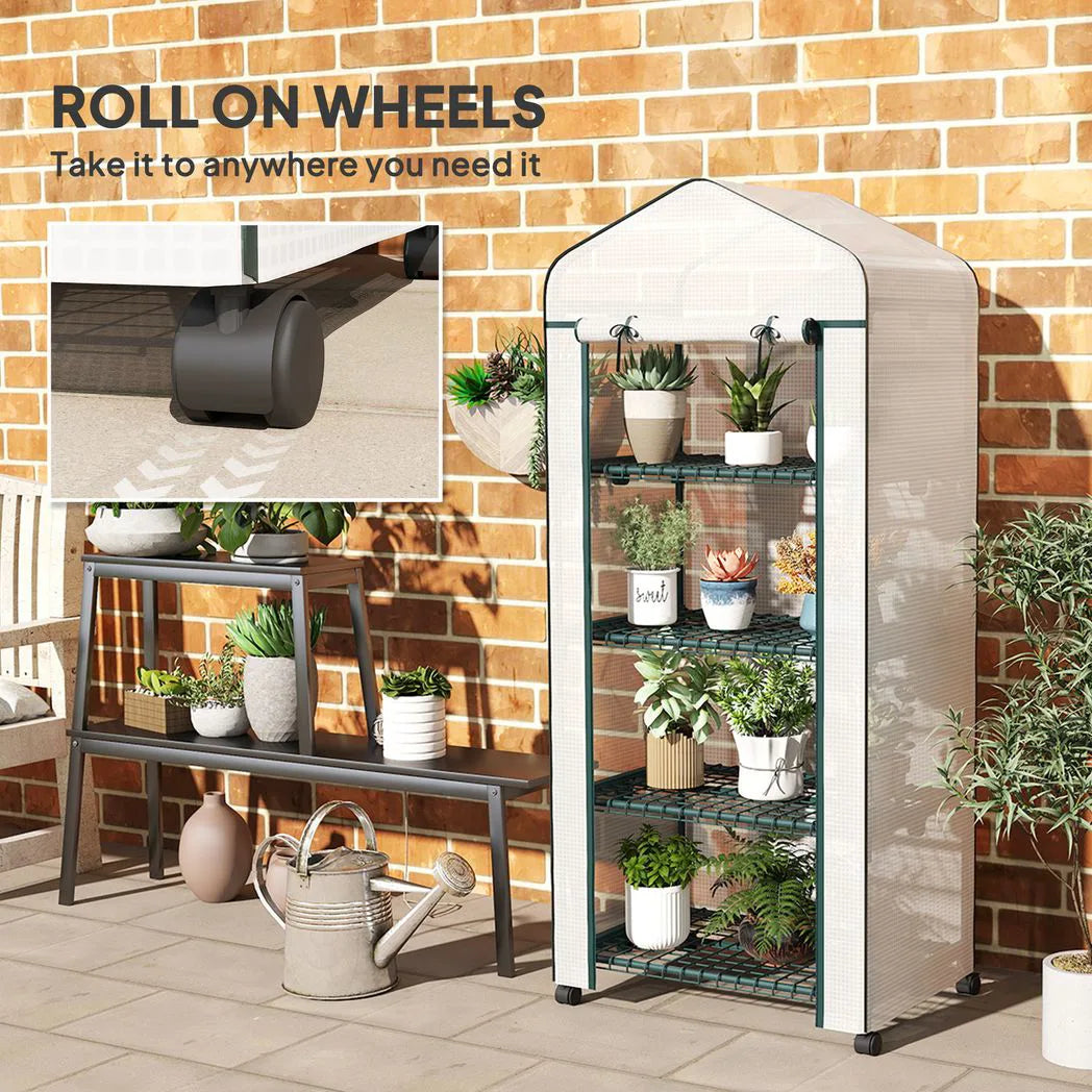 Outsunny 4 Tier Mini Portable Greenhouse with PE Cover & Lockable Wheels – Compact Plant Grow Shed, White