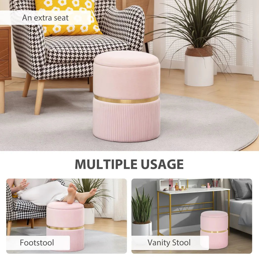 HOMCOM Velvet-Feel Round Storage Ottoman with Cushioned Top – Footstool and Hidden Storage, Pink