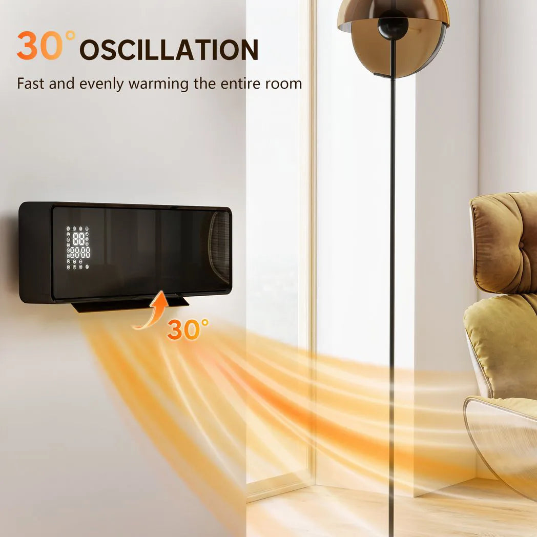 HOMCOM 2000W Wall Mounted Ceramic Electric Heater with Oscillating Fan and Thermostat – Remote Control, Black