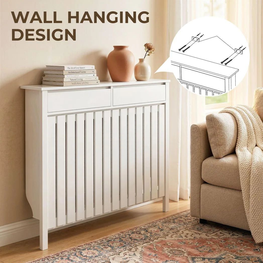 HOMCOM Rustic-Look Radiator Cover with Top Drawers and Slats, 93 x 119cm – Slimline Heater Cabinet, White