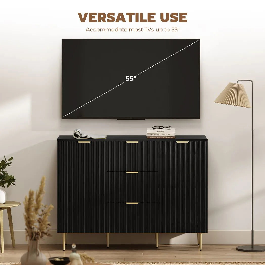 HOMCOM 120cm Sideboard with 2 Doors, 3 Drawers and Adjustable Shelves – Buffet Cabinet and TV Stand, Black