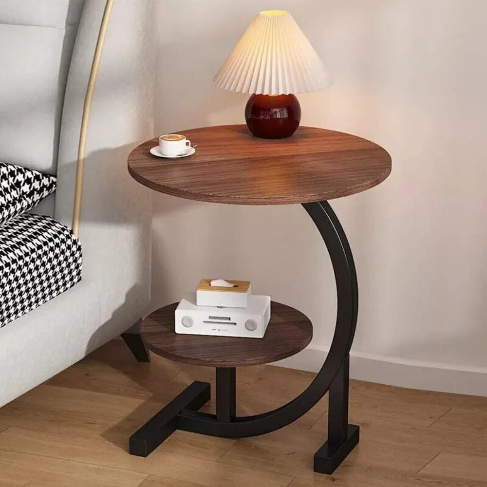 C-Shaped Side Table with Wood-Grain Top and Iron Legs – Slide-Under Sofa and Bedside Table, Walnut
