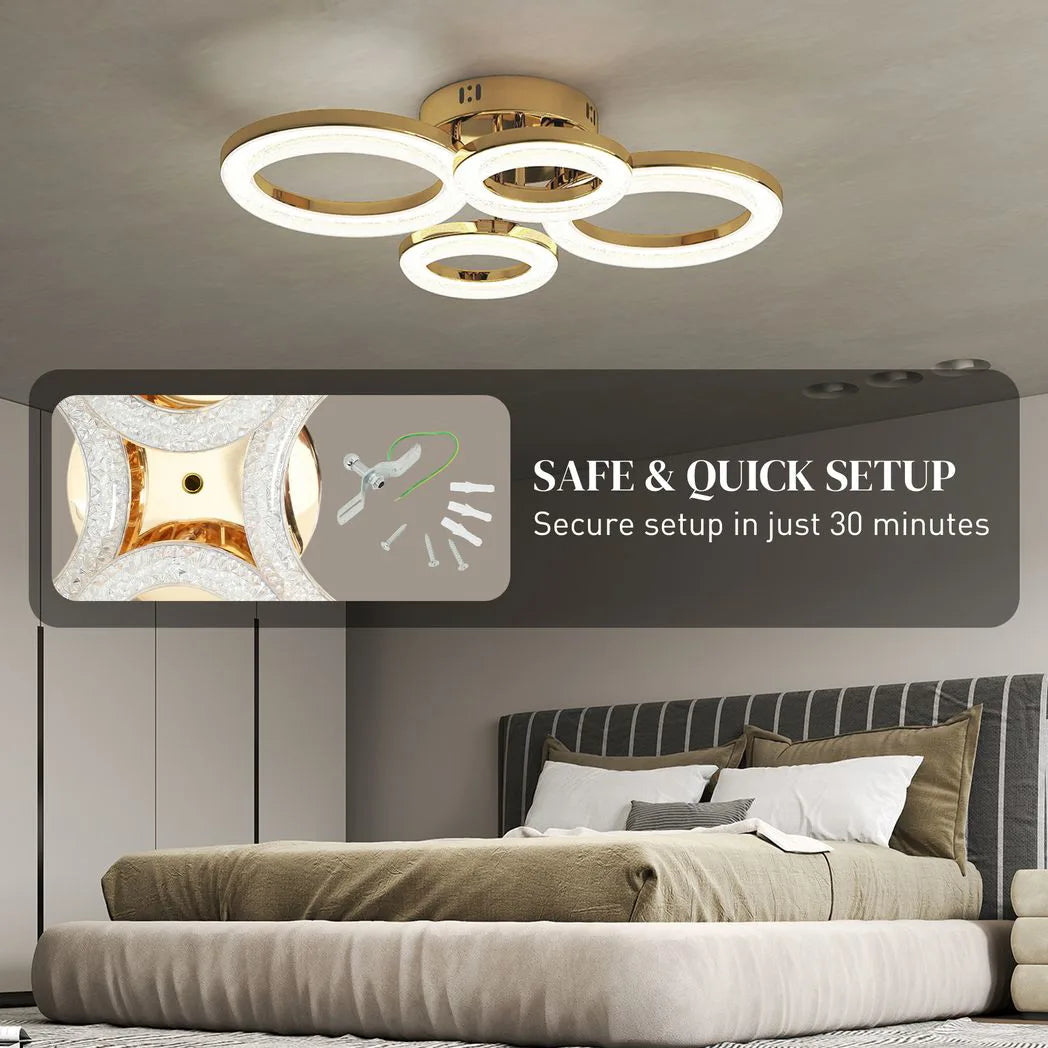 HOMCOM 4-Ring LED Flush Mount Ceiling Light with 3 Colour Temperatures – Modern Lighting, Gold Tone
