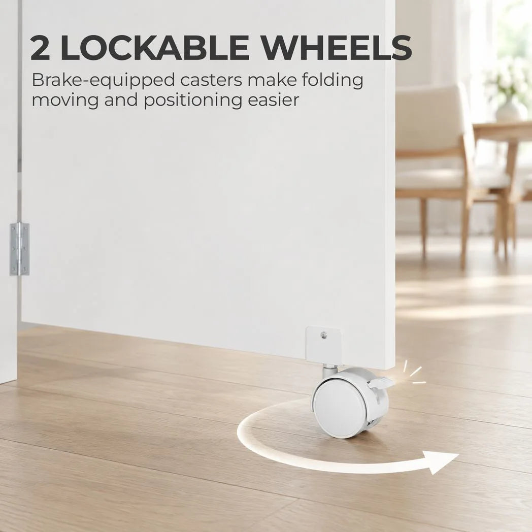 HOMCOM Folding Drop Leaf Dining Table with 2-Tier Shelves and Lockable Wheels – Space-Saving Table for 4, White and Natural