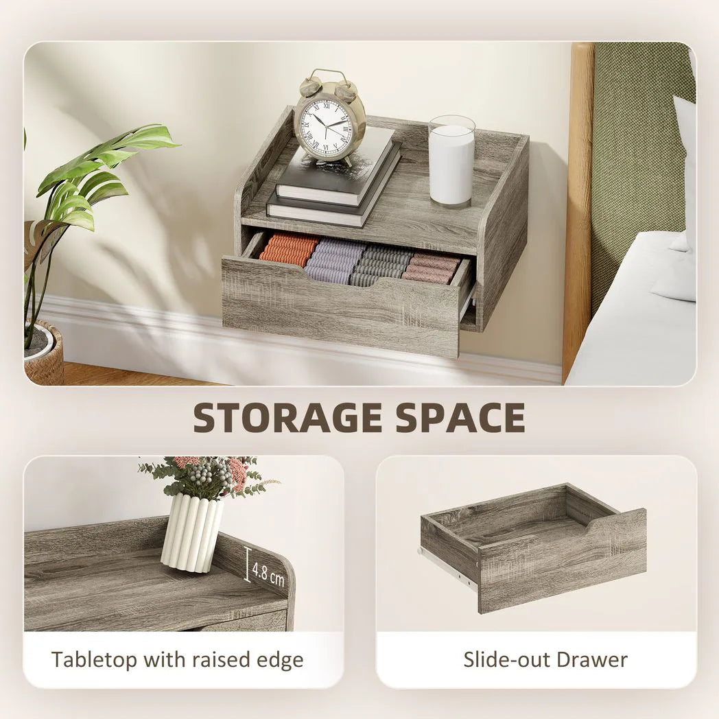 HOMCOM Set of 2 Floating Nightstands with Drawer, Wall-Mounted Bedside Tables – Bedroom Storage, Grey Wood Effect