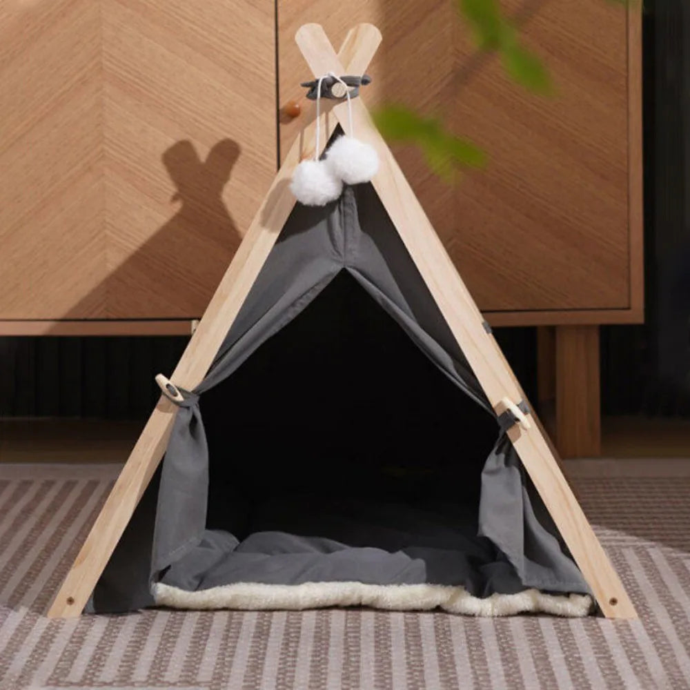 Large Pet Teepee Bed with Cushion – Canvas and Pine Igloo Play Tent for Dogs, Puppies and Cats, Grey